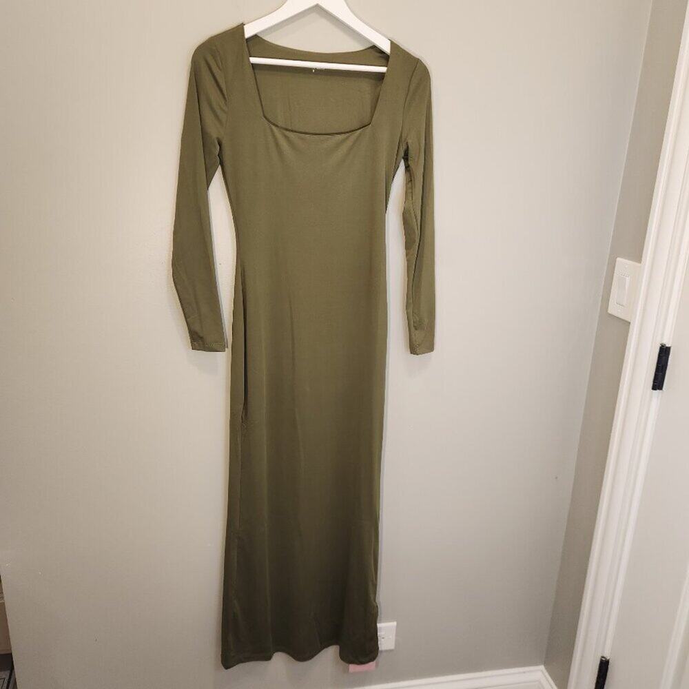 Hello Molly Base Army Green Dress Long Sleeve Maxi BodyCon Layer - Size S